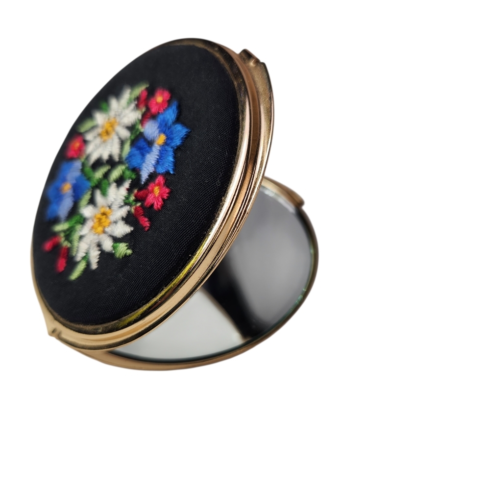 Vintage Swiss Floral Embrodered Compact Purse Dresser Double Sided Hand Mirror - Picture 2 of 10